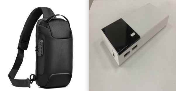 A black sling bag with a lock is displayed next to a white and black rectangular power bank with dual USB ports.