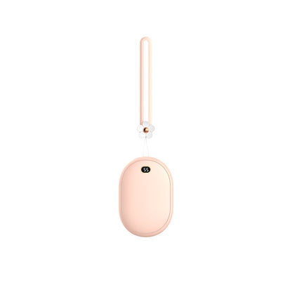 Oval, light pink rechargeable hand warmer/power bank displaying 55, hanging from a strap with a white flower charm.