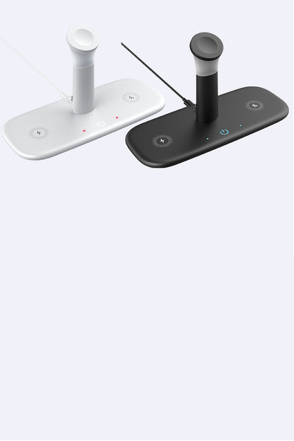Black and white wireless charging pads featuring dual Qi zones and a central cylindrical dock for smartwatches or earbuds.