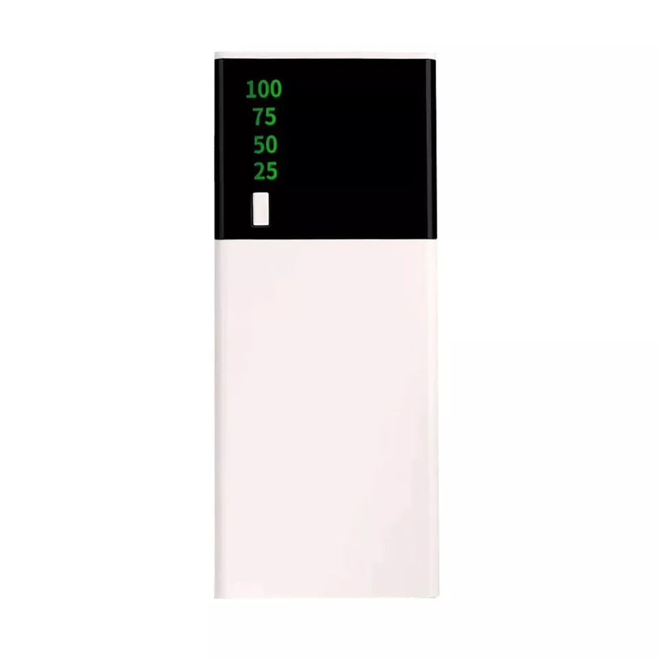 Rectangular white and black power bank with a green digital display indicating 100, 75, 50, and 25 battery charge levels.