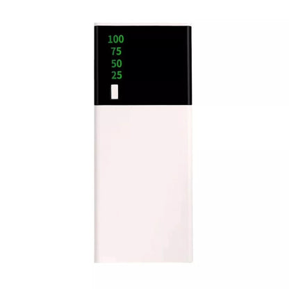 Rectangular white and black power bank with a green digital display indicating 100, 75, 50, and 25 battery charge levels.