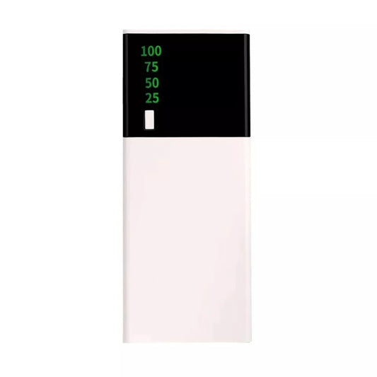 Rectangular white and black power bank with a green digital display indicating 100, 75, 50, and 25 battery charge levels.