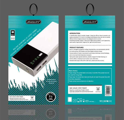 Teal retail packaging for a SMART power bank, displaying the white device with a digital battery percentage screen.