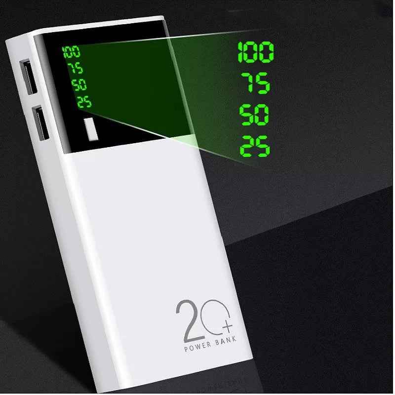 White power bank with a green digital display showing charge levels (100-25) and "20+ Power Bank" branding.