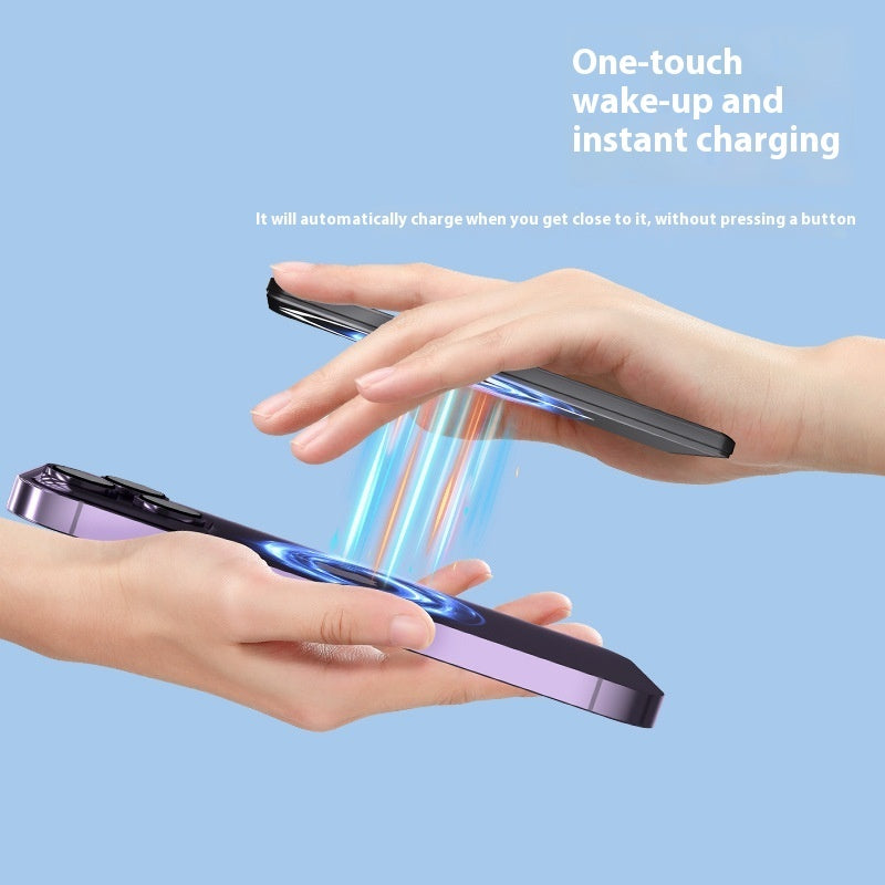 Hands hold a purple phone and a thin, dark magnetic charger, showing wireless power transfer with blue and orange light effects.