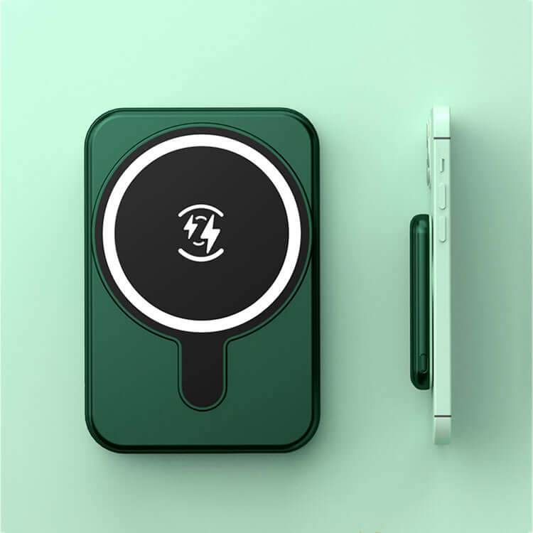 Mini Magnetic Power Bank 5000mAh Wireless in green color, versatile design with magnetic suction for iPhone models.