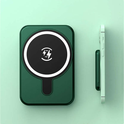 Mini Magnetic Power Bank 5000mAh Wireless in green color, versatile design with magnetic suction for iPhone models.