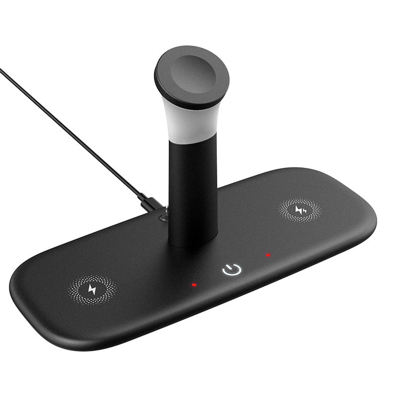 Black oblong wireless charging station featuring two Qi pads, a central vertical stand, and red indicator lights.