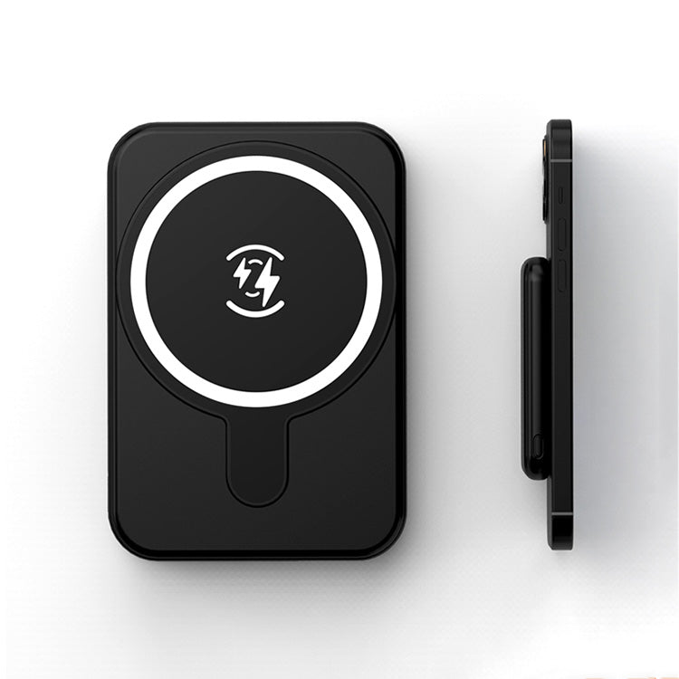Mini Magnetic Power Bank 5000mAh Wireless in black color, showcasing magnetic design and sleek profile.