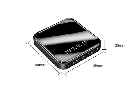 Black, square, glossy mini power bank with rounded corners and a digital charge display, measuring 80x80x23mm.