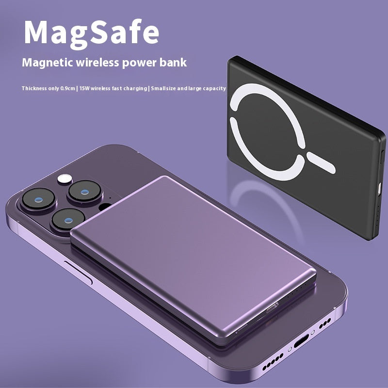 Ultra-thin purple magnetic power bank attached to a purple smartphone; a black power bank with a white MagSafe ring is shown.