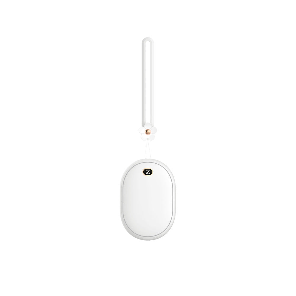 White pebble-shaped electronic hand warmer with a digital display showing 55, suspended by a white strap and decorative flower.