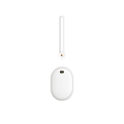 White pebble-shaped electronic hand warmer with a digital display showing 55, suspended by a white strap and decorative flower.