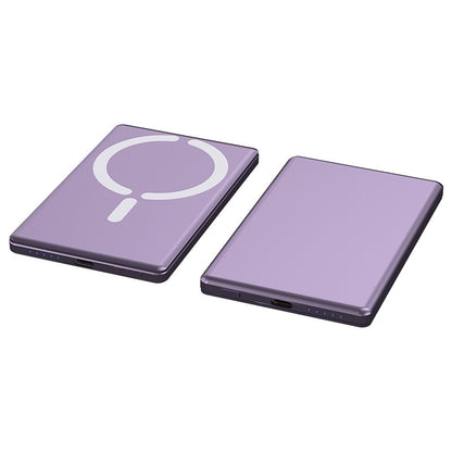 Two ultra-thin, rectangular, metallic purple magnetic power banks, one displaying the white wireless charging symbol.