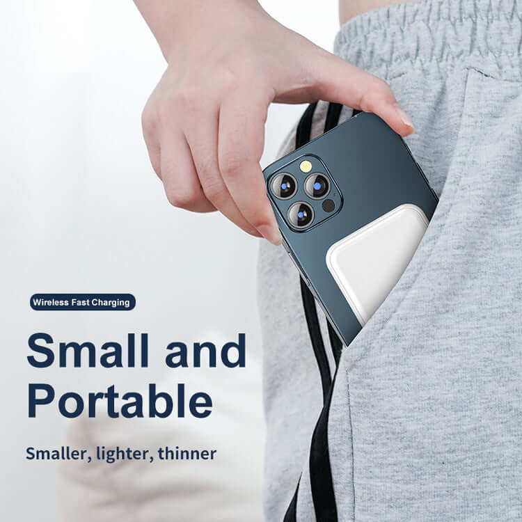 Mini Magnetic Power Bank 5000mAh Wireless being easily stored in a pocket, showcasing its small and portable design.