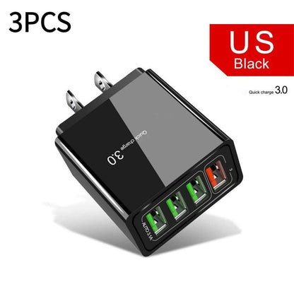 Premium 3-in-1 Wireless Charging Solution with Illuminated 4USB Mobile Phone Charger and 3A Charging Head