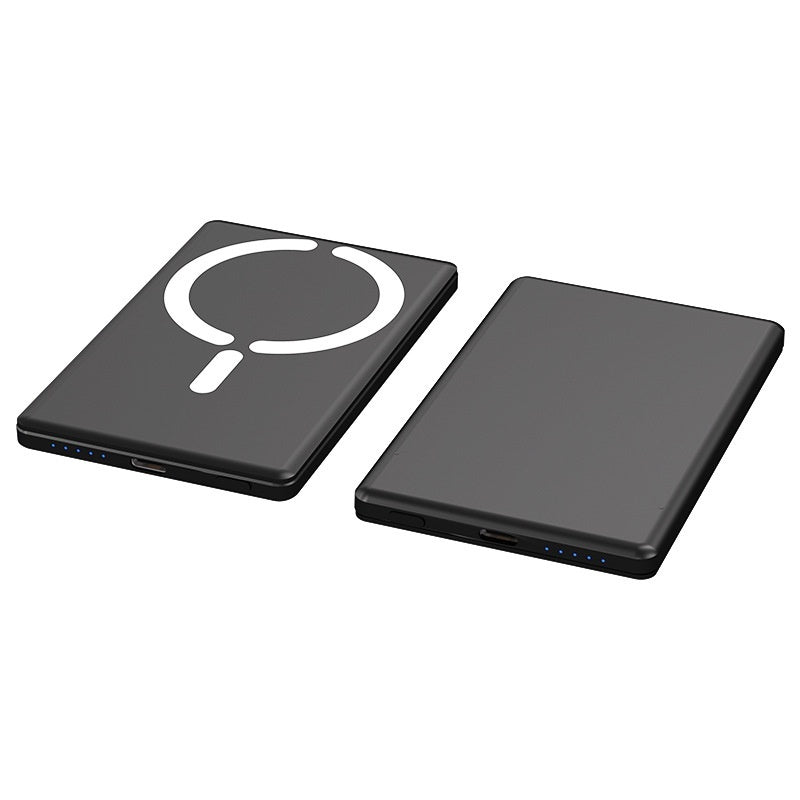 Pair of dark gray, ultra-thin magnetic power banks, one featuring a white alignment ring symbol.