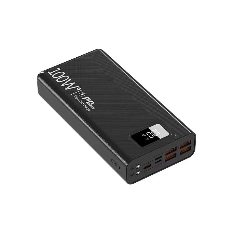 A rectangular black 100W Super Fast Charge power bank featuring a textured shell, multiple ports, and a digital display.