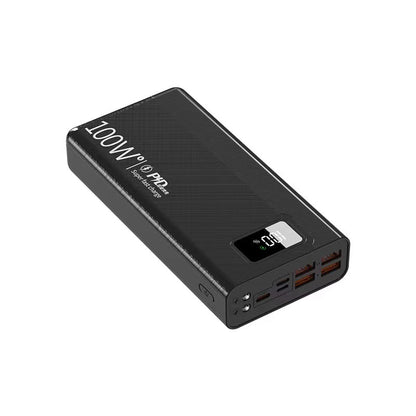 A rectangular black 100W Super Fast Charge power bank featuring a textured shell, multiple ports, and a digital display.