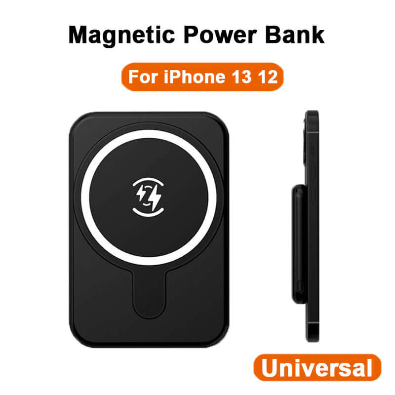 Mini Magnetic Power Bank 5000mAh Wireless for iPhone models with magnetic suction, available in black.