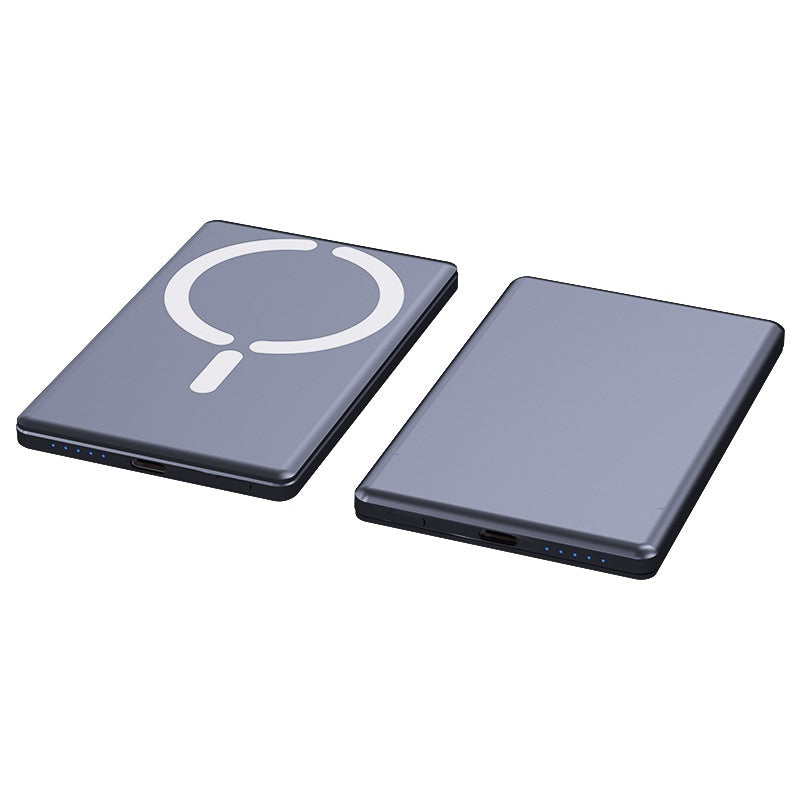 Two slim, dark gray magnetic power banks; one features a white wireless charging ring and blue power indicator lights.