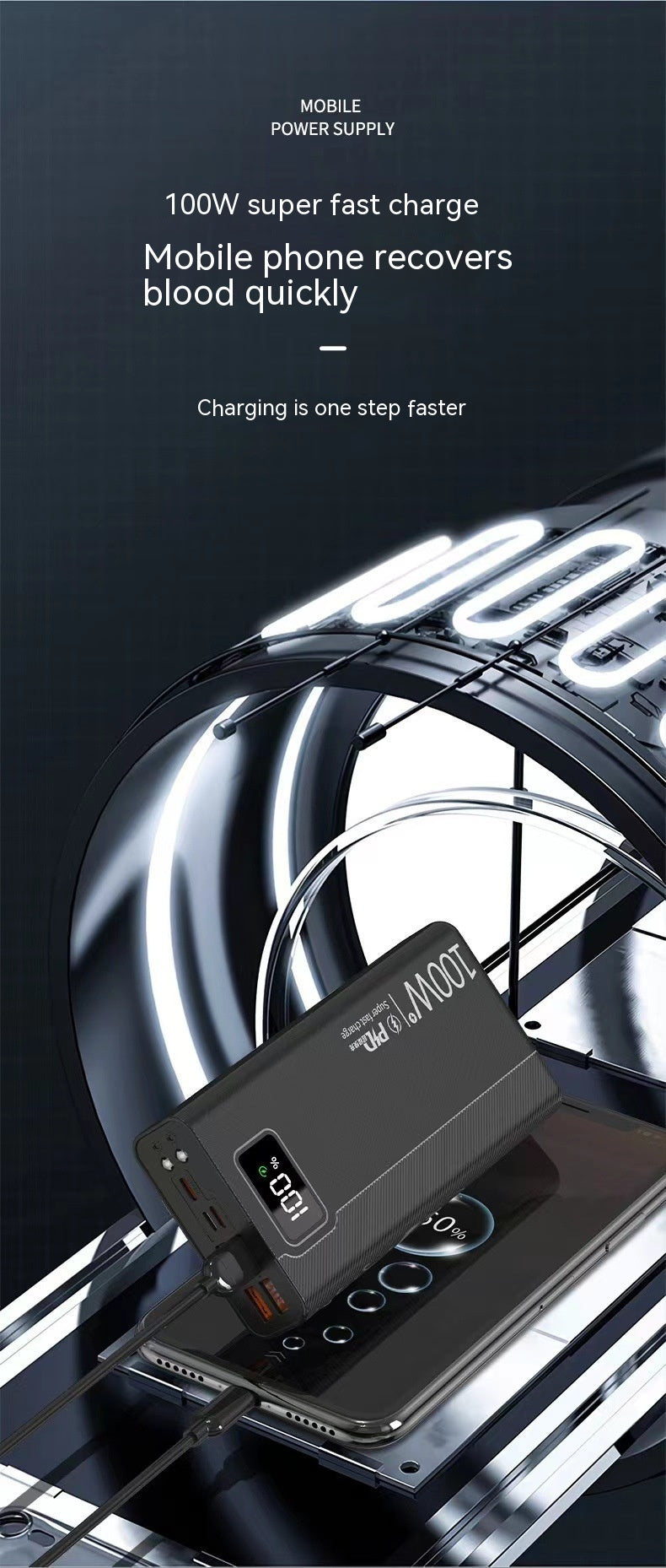 Black 100W super fast charge power bank with a digital display showing 100% connected to a smartphone on a dark background.