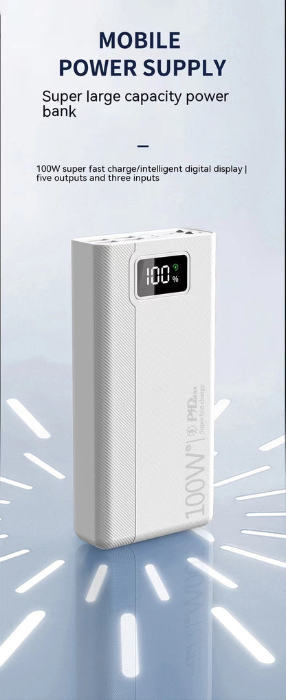 White, rectangular 100W fast charge power bank with a textured shell and a digital display showing 100% battery level.