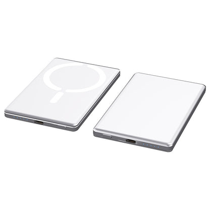 Pair of ultra-thin silver magnetic power banks, featuring a MagSafe symbol, USB-C ports, and blue LED indicator lights.