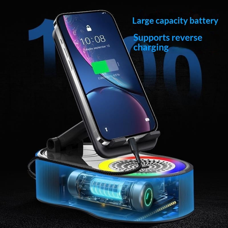 Phone charging on a black adjustable stand/power bank with a translucent base revealing a glowing blue battery cell.
